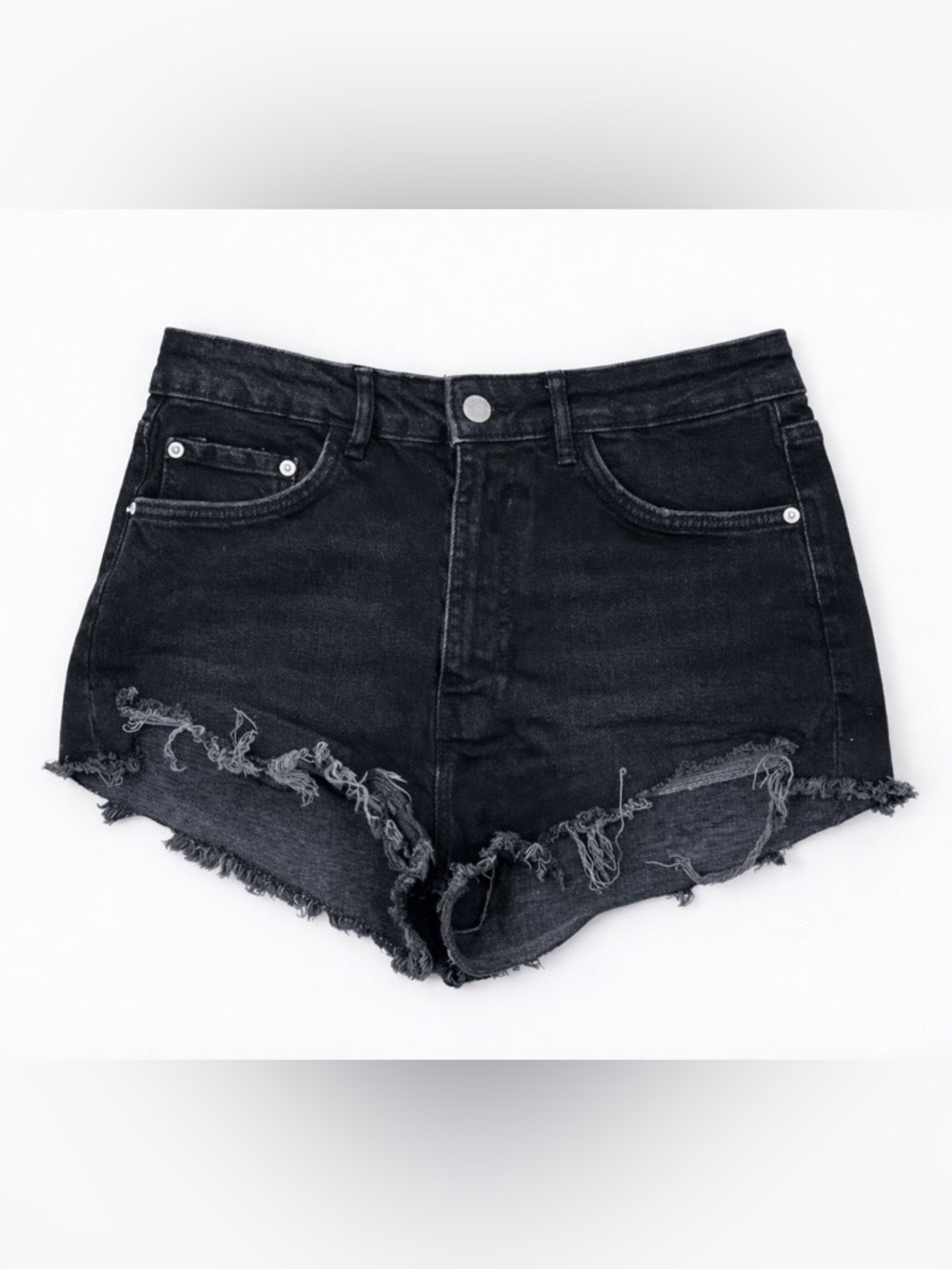 ZARA Black High Waist Denim Shorts Distressed Raw Hem Size M / EU 40 US 8